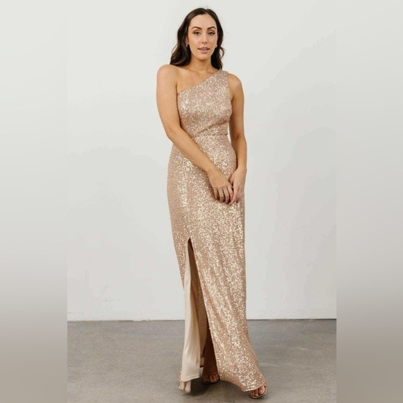 Baltic Born Astrea Sequin One Shoulder Maxi Dress Champagne Rose Color Size XL - Picture 1 of 12